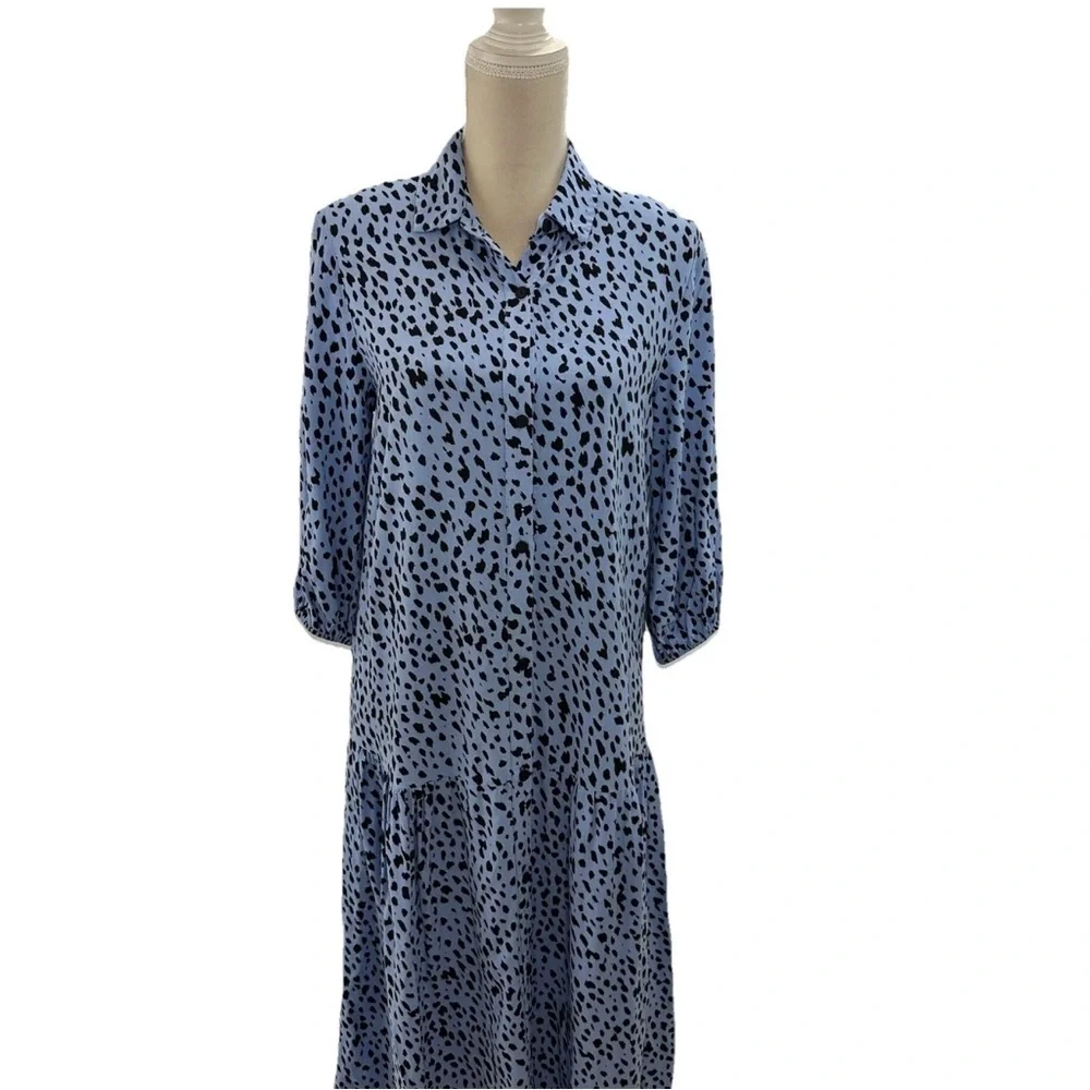 Bershka Blue Animal Print Shirt Dress Womens Medium 3/4 Sleeves - Picture 2 of 8